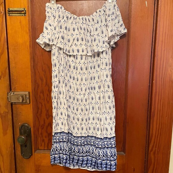 ADORABLE | Blue & White Off the Shoulder Dress - Picture 5 of 5